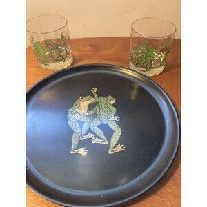 Couroc Dancing Frogs Inlaid Wood Drink Tray & 2 Rocks Glasses MCM 10" Bar Ware